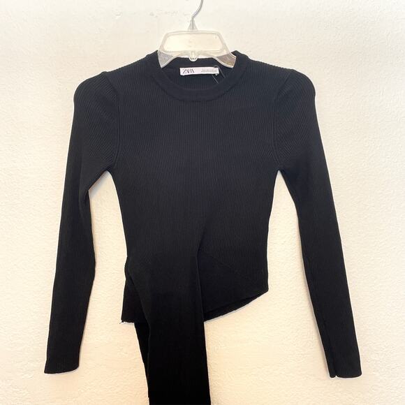Zara Tie Waist Ribbed Knit Cropped Sweater Medium Black - Picture 9 of 10